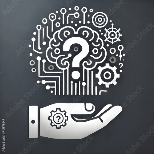 AI challenges symbolized by brain, question mark, and gears