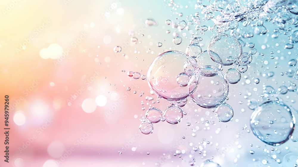 A close-up of colorful water bubbles on a blue, pink, yellow, and green backdrop, with a blurry light in the background A close-up of colorful water bubbles on a blue, pink, yellow, and green backdrop, with a blurry light in the background