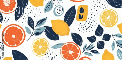 This vibrant flat illustration features lemons and oranges with tropical leaves for a truly exotic summer pattern. The background is a soft blue color to complement the color palette. photo