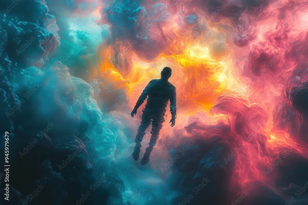 Naklejka premium A figure floats effortlessly in vibrant neon waves, surrounded by a surreal and fluid atmosphere, evoking a sense of escapism in an otherworldly space.