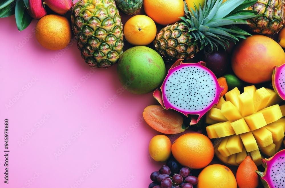 Vibrant tropical fruits arranged against a pink background Vibrant tropical fruits arranged against a pink background