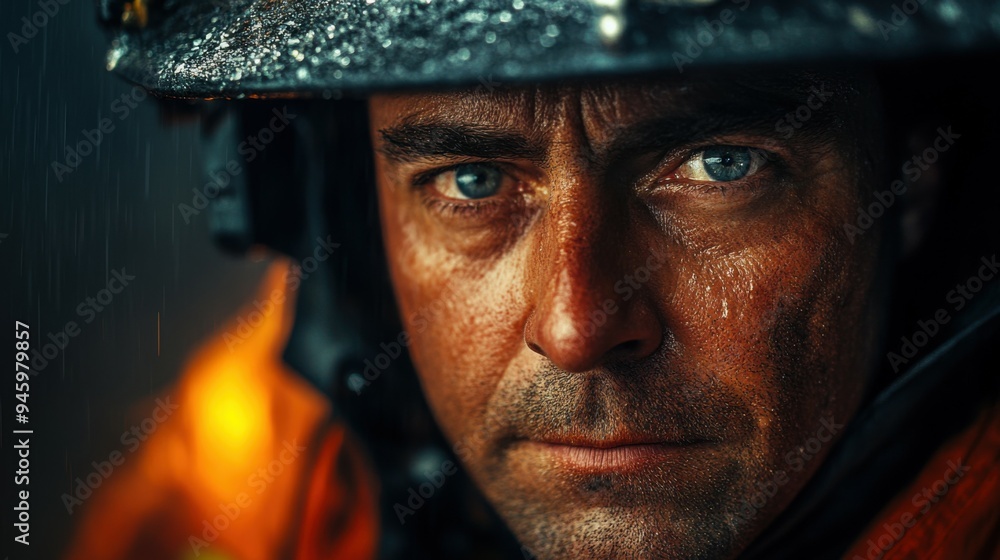 a tired fireman in his forties. a tired fireman in his forties.