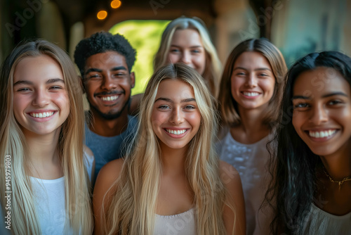 Group of diverse young adults smiling and standing together, representing unity, friendship, and multicultural diversity in a cheerful outdoor setting.