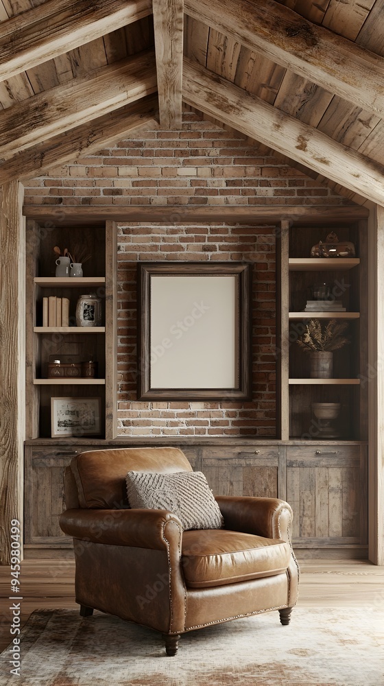 A cozy and inviting farmhouse living room with vaulted wood ceiling exposed beams brick accent wall with built in shelving distressed leather armchair A cozy and inviting farmhouse living room with vaulted wood ceiling exposed beams brick accent wall with built in shelving distressed leather armchair