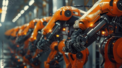 Array of automated welding robots in a car factory