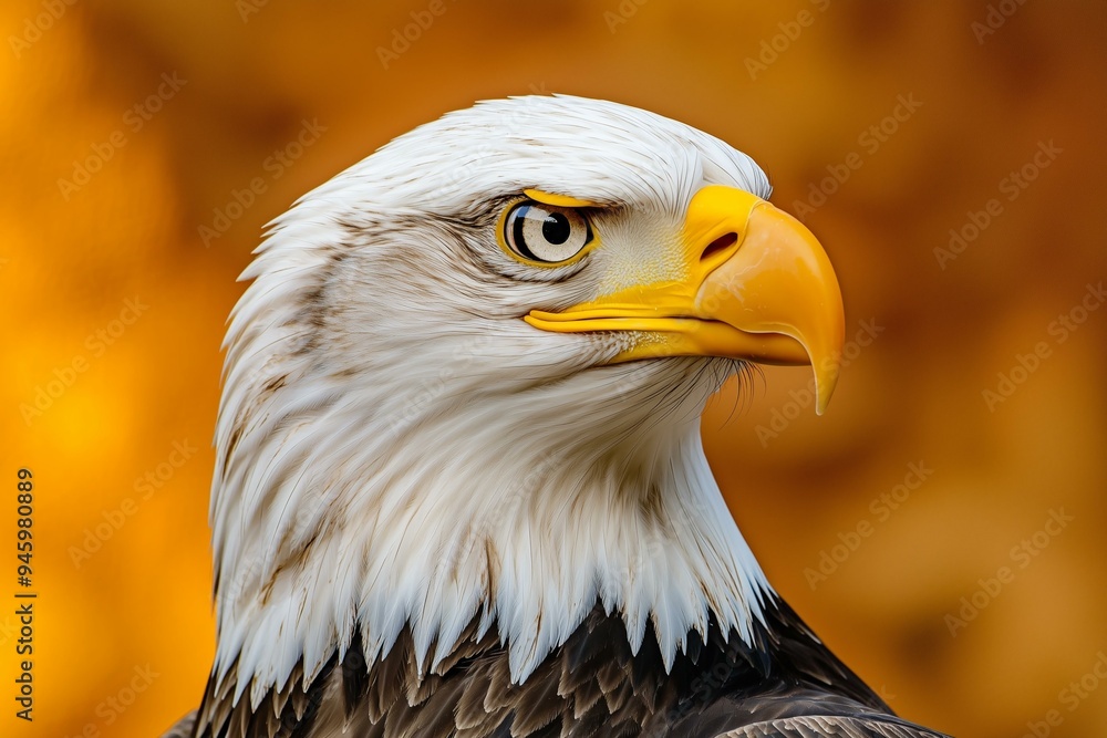 Obraz premium Majestic Bald Eagle Close-Up Captured in Profile, Highlighting Sharp Gaze and Powerful Beak, Ideal for Wildlife Photography, Bird Conservation, or Nature Studies Featuring Iconic Birds of Prey