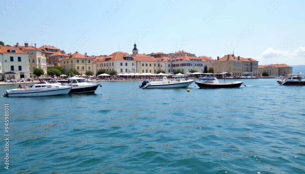 Obraz premium Vibrant harbor scene with boats and waterfront buildings