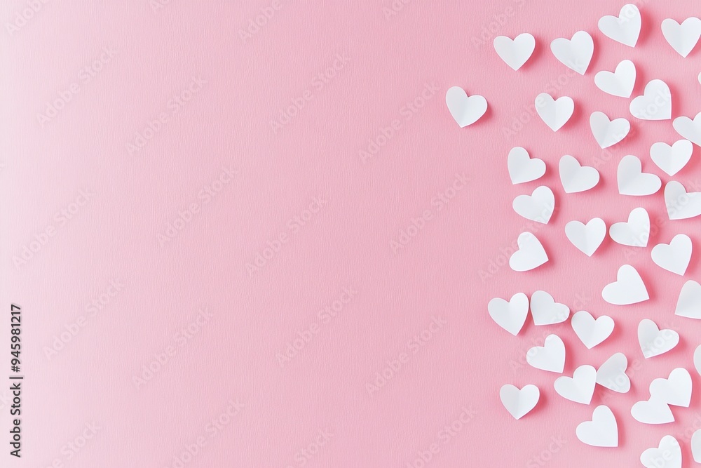An adorable Valentine's Day stock with pink background and paper hearts on the right An adorable Valentine's Day stock with pink background and paper hearts on the right