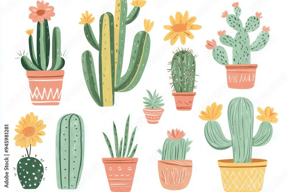 Watercolor hand drawn different cactus and plants on white background Watercolor hand drawn different cactus and plants on white background