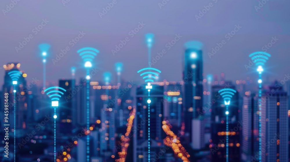 Obraz premium Smart city with wireless network icons over urban skyline