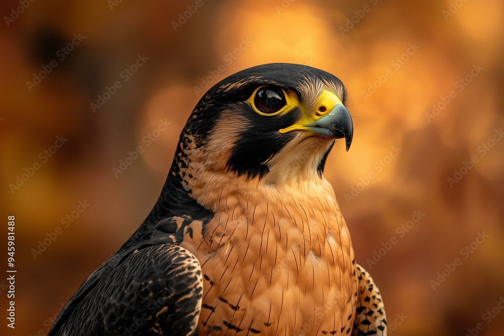 Close-Up of a Peregrine Falcon in a Natural Wildlife Setting, Focusing on Sleek Plumage and Intense Gaze, Ideal for Wildlife Photography or Bird Conservation Projects Close-Up of a Peregrine Falcon in a Natural Wildlife Setting, Focusing on Sleek Plumage and Intense Gaze, Ideal for Wildlife Photography or Bird Conservation Projects