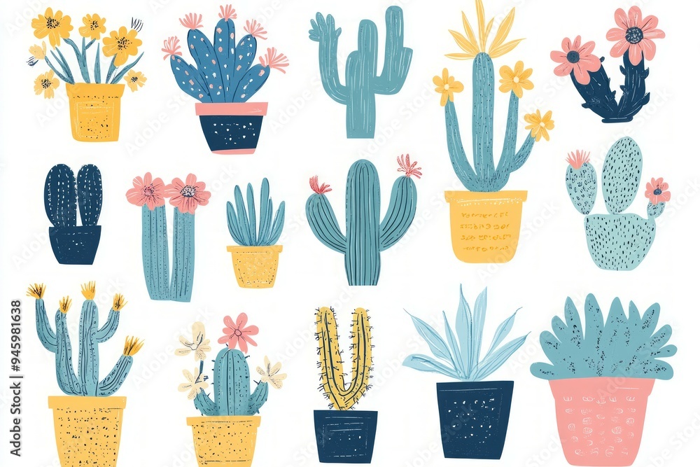 Watercolor hand drawn different cactus and plants on white background Watercolor hand drawn different cactus and plants on white background