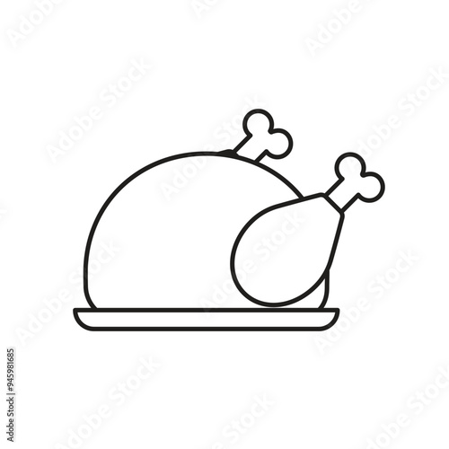 Roast turkey chicken on a plate for Thanksgiving or harvest festival. Baked grilled chicken, Fried white meat chicken. Vector illustration in outline style.