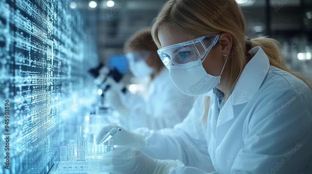 A young female scientist wearing protective eyewear and a mask while working in a modern, high-tech laboratory. A young female scientist wearing protective eyewear and a mask while working in a modern, high-tech laboratory.