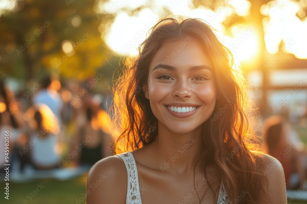 Smiling woman with vitiligo enjoying golden hour in a modern urban park surrounded by diverse people, capturing joyful moments in warm tones. Smiling woman with vitiligo enjoying golden hour in a modern urban park surrounded by diverse people, capturing joyful moments in warm tones.