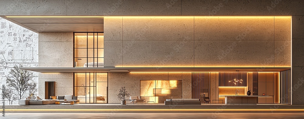Modern interior design featuring warm lighting and open spaces, creating an inviting atmosphere for relaxation and productivity. Modern interior design featuring warm lighting and open spaces, creating an inviting atmosphere for relaxation and productivity.