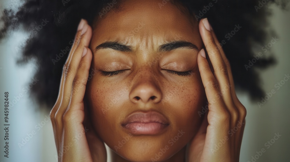 A young person with curly hair closes their eyes tightly and holds their head in a distressed manner, visibly overwhelmed by stress. Generative AI A young person with curly hair closes their eyes tightly and holds their head in a distressed manner, visibly overwhelmed by stress. Generative AI