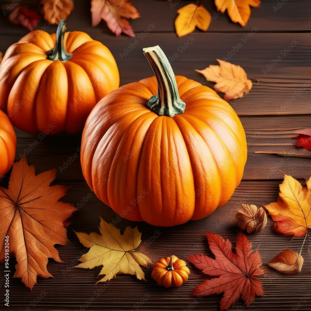 pumpkins and autumn leaves on dark wooden background pumpkins and autumn leaves on dark wooden background