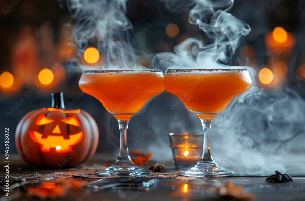 Two Orange Cocktails With Smoke and Pumpkin for Halloween Party Two Orange Cocktails With Smoke and Pumpkin for Halloween Party