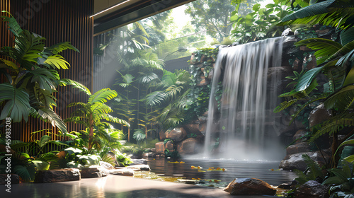 Luxurious waterfall garden inside the house,16K,photostock style