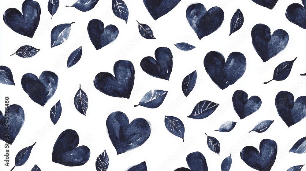 A black and white heart pattern dotted with striped leaves on a white background A black and white heart pattern dotted with striped leaves on a white background