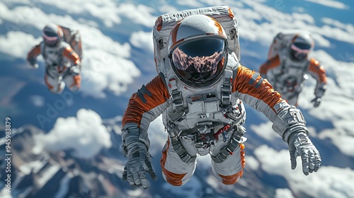 Three astronauts floating in space above cloud-covered mountains, showcasing space exploration.