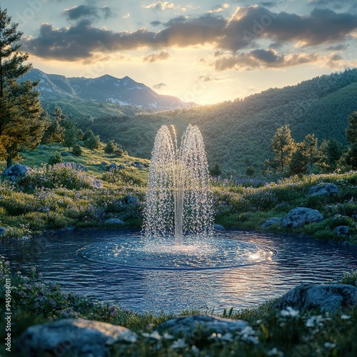 Picturesque stone water fountain with a stunning mountain range providing a breathtaking backdrop Photo photo