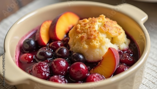 Delicious fruit cobbler in a bowl photo