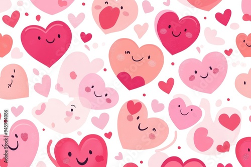 The heart pattern consists of pinks and reds with some of the heart shapes showing faces or smiling expressions Stock