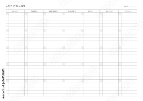A monthly plan template with a simple and minimal style. Note, scheduler, diary, calendar planner document template illustration.