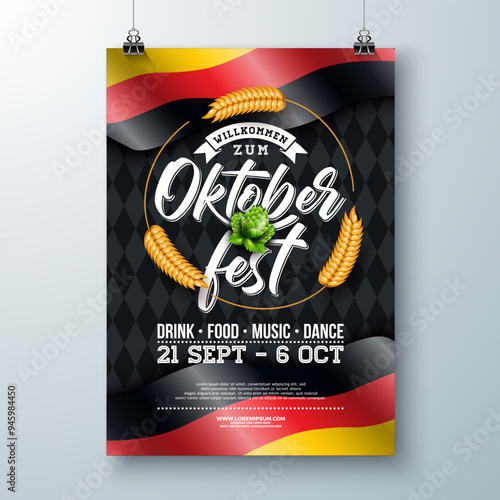 Oktoberfest Beer Festival Party Poster Illustration with German Flag, Barley Ears and Typography Lettering on Bavaria Flag Pattern Background. Vector Celebration Flyer Template for Banner, Invitation.
