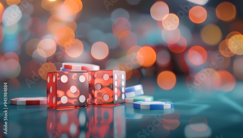 A close up of three red dice and a pile of chips by AI generated image photo