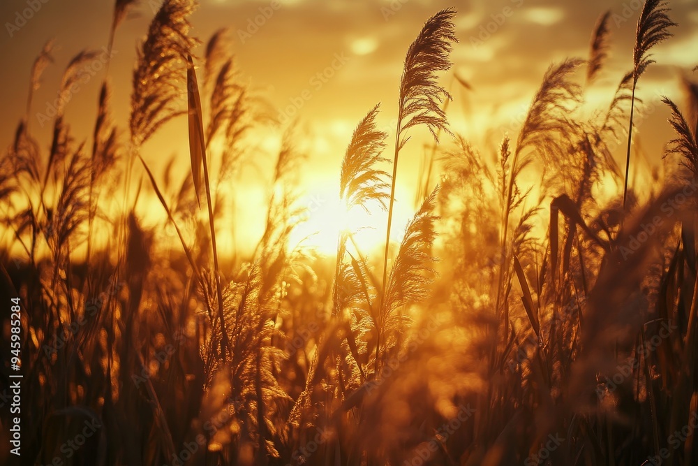 Against the backdrop of the setting sun, a piece of ancient grass hangs from the lake. The golden sunset creates a beautiful scene Stock Against the backdrop of the setting sun, a piece of ancient grass hangs from the lake. The golden sunset creates a beautiful scene Stock