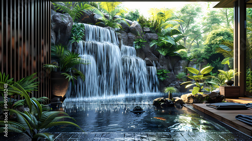 Luxurious waterfall garden inside the house,16K,photostock style