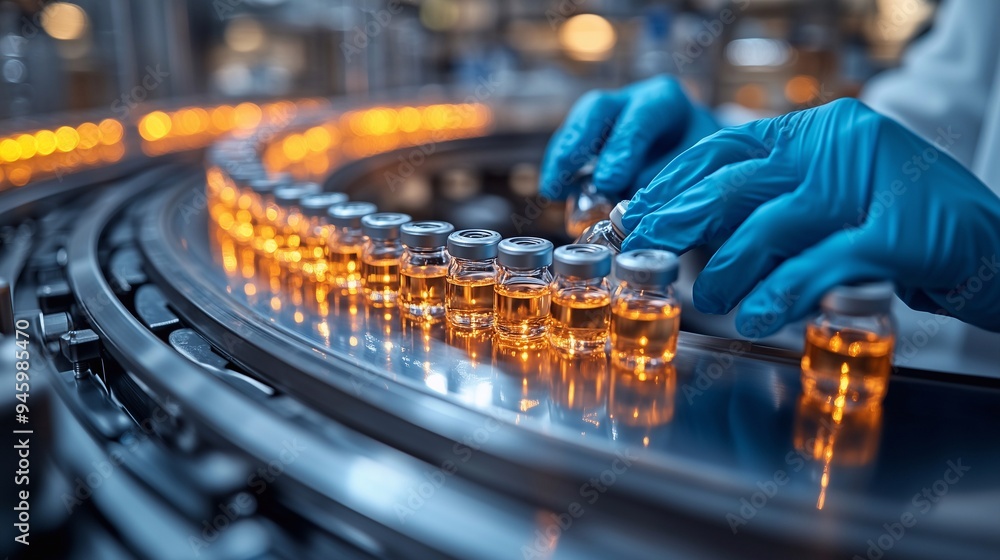 Gloved hands organize vials on a brightly lit production line in a laboratory. Gloved hands organize vials on a brightly lit production line in a laboratory.