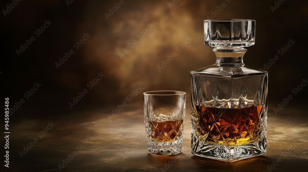 Prestigious whiskey bottle and glass standing on a wooden table in a dark cinematic lighted and smoky room. Whisky decanter and glass with luxurious atmosphere on dark brown background Prestigious whiskey bottle and glass standing on a wooden table in a dark cinematic lighted and smoky room. Whisky decanter and glass with luxurious atmosphere on dark brown background