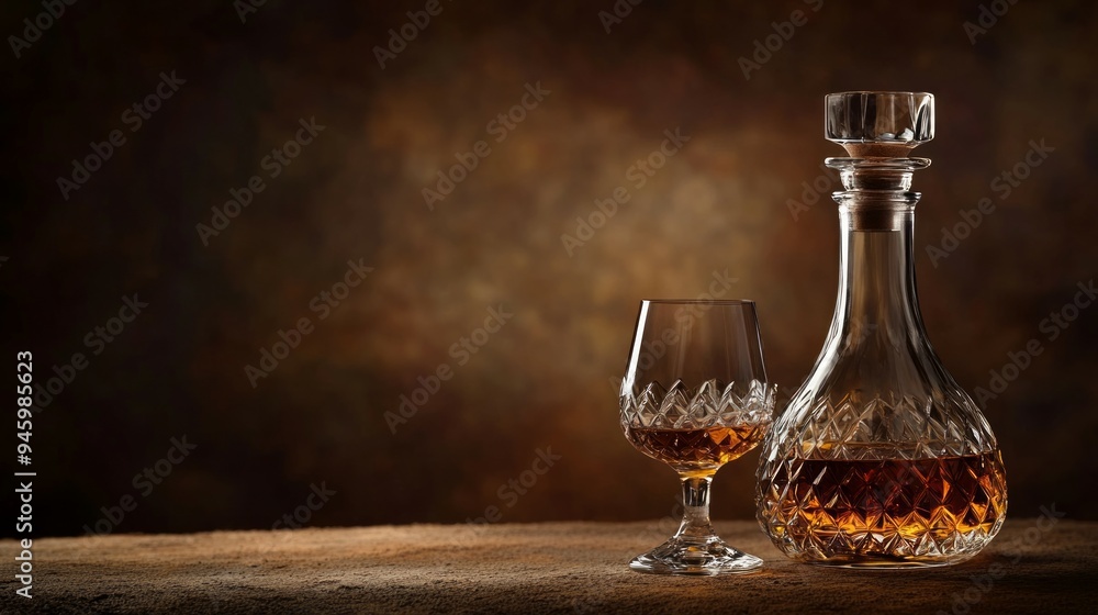 Prestigious whiskey bottle and glass standing on a wooden table in a dark cinematic lighted and smoky room. Whisky decanter and glass with luxurious atmosphere on dark brown background Prestigious whiskey bottle and glass standing on a wooden table in a dark cinematic lighted and smoky room. Whisky decanter and glass with luxurious atmosphere on dark brown background