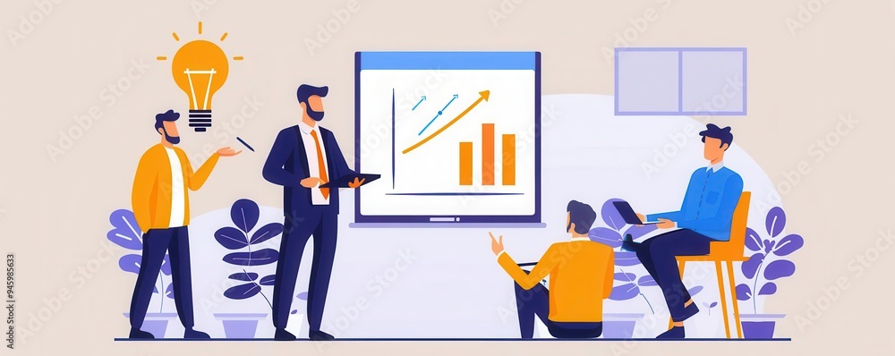 Business team collaborating on a project, analyzing charts and graphs on a presentation board, brainstorm session. Business team collaborating on a project, analyzing charts and graphs on a presentation board, brainstorm session.