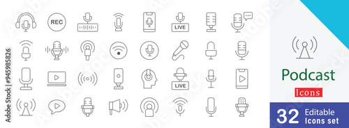 Podcast thin line icon design set. containing Microphone, Headphones, Sound waves, Speaker, Live stream, Sound effects and more icon collection