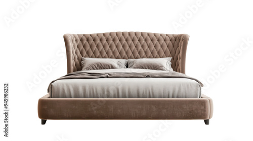 Luxurious upholstered bed with tufted headboard and soft bedding, creating cozy and inviting atmosphere. 