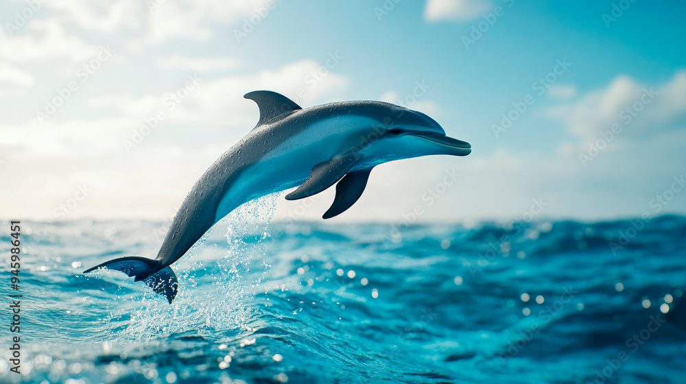 Fototapeta premium Happy dolphin jumping outside the blue sea water at sunny day.