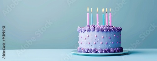 Purple Birthday Cake with Candles on Pastel Blue Background - Minimal Concept Banner Design. AI generated illustration