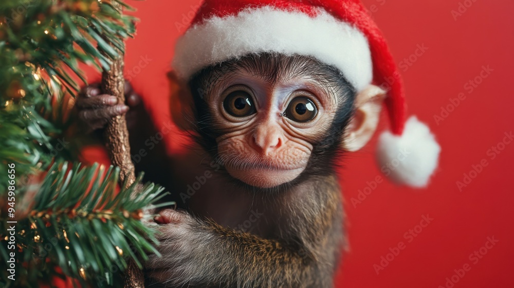 This cheerful monkey swings playfully from a Christmas tree branch, donning a festive Santa hat, bringing joy and excitement to the holiday season This cheerful monkey swings playfully from a Christmas tree branch, donning a festive Santa hat, bringing joy and excitement to the holiday season
