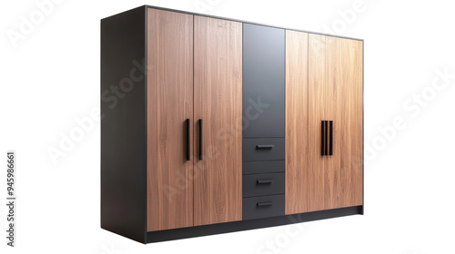 Modern wooden wardrobe with sleek design and black accents, perfect for stylish storage. 