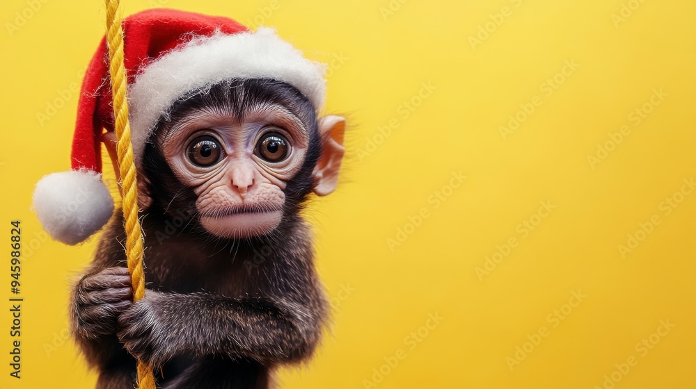 This cheerful monkey swings playfully from a Christmas tree branch, donning a festive Santa hat, bringing joy and excitement to the holiday season This cheerful monkey swings playfully from a Christmas tree branch, donning a festive Santa hat, bringing joy and excitement to the holiday season