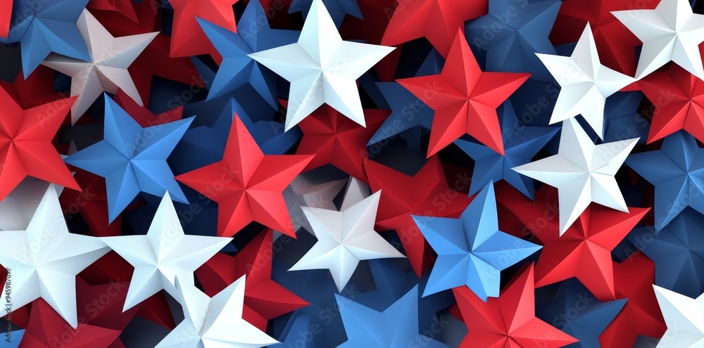 On a white background, there are red, white and blue stars in geometric patterns On a white background, there are red, white and blue stars in geometric patterns