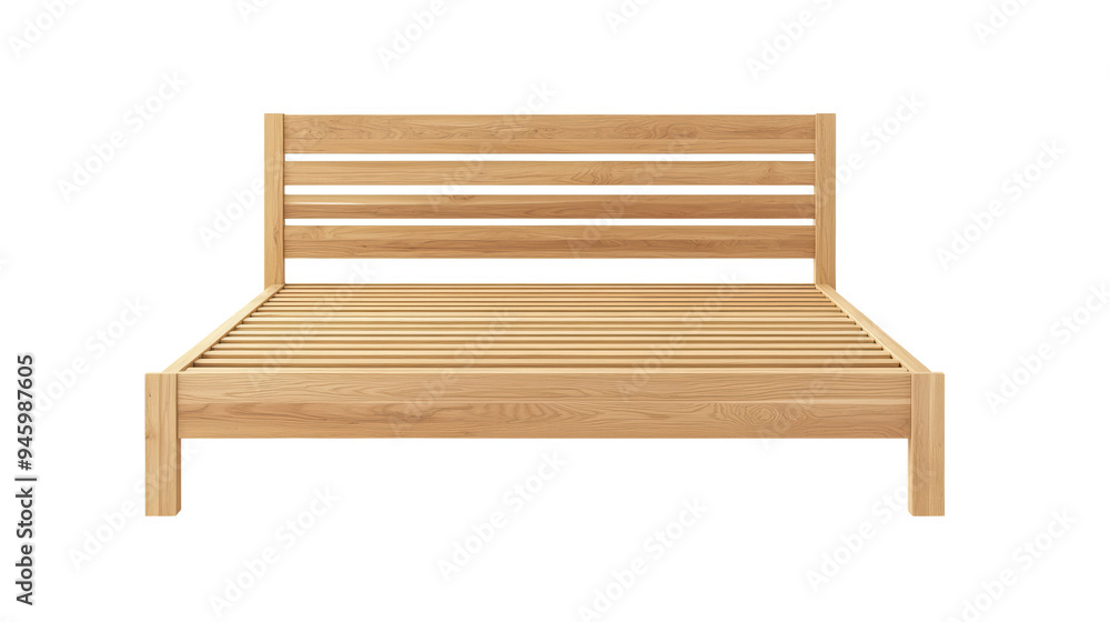 Wooden bed frame with slatted headboard, showcasing minimalist design and natural finish. Ideal for cozy bedroom setting. Wooden bed frame with slatted headboard, showcasing minimalist design and natural finish. Ideal for cozy bedroom setting.