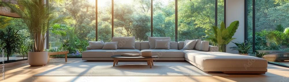 Obraz premium Bright living room with large windows, airy decor,