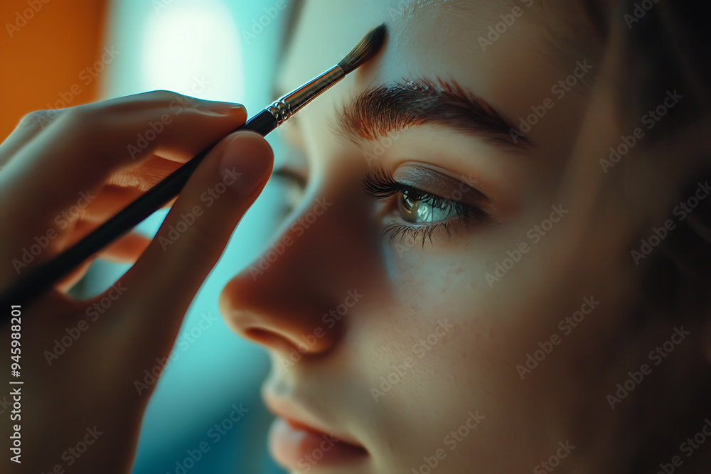 A detailed illustration showing a man carefully painting a girl's eyebrows