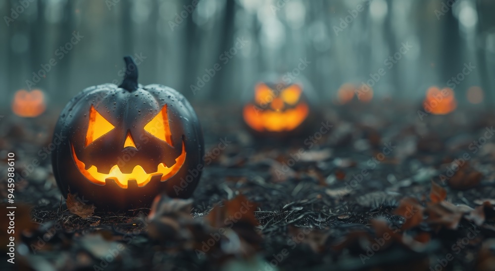 Lit Jack-O'-Lanterns in a Forest Lit Jack-O'-Lanterns in a Forest